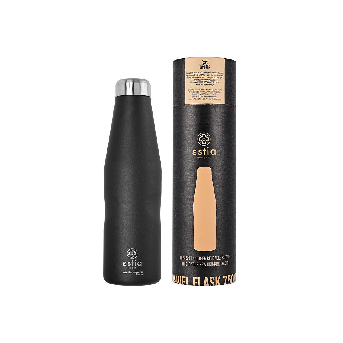 Estia Travel Flask Save the Aegean Μπουκάλι Θερμός Ανοξείδωτο BPA Free 750ml MIDNIGHT BLACK Κωδικός: 01-9816 - Image 1