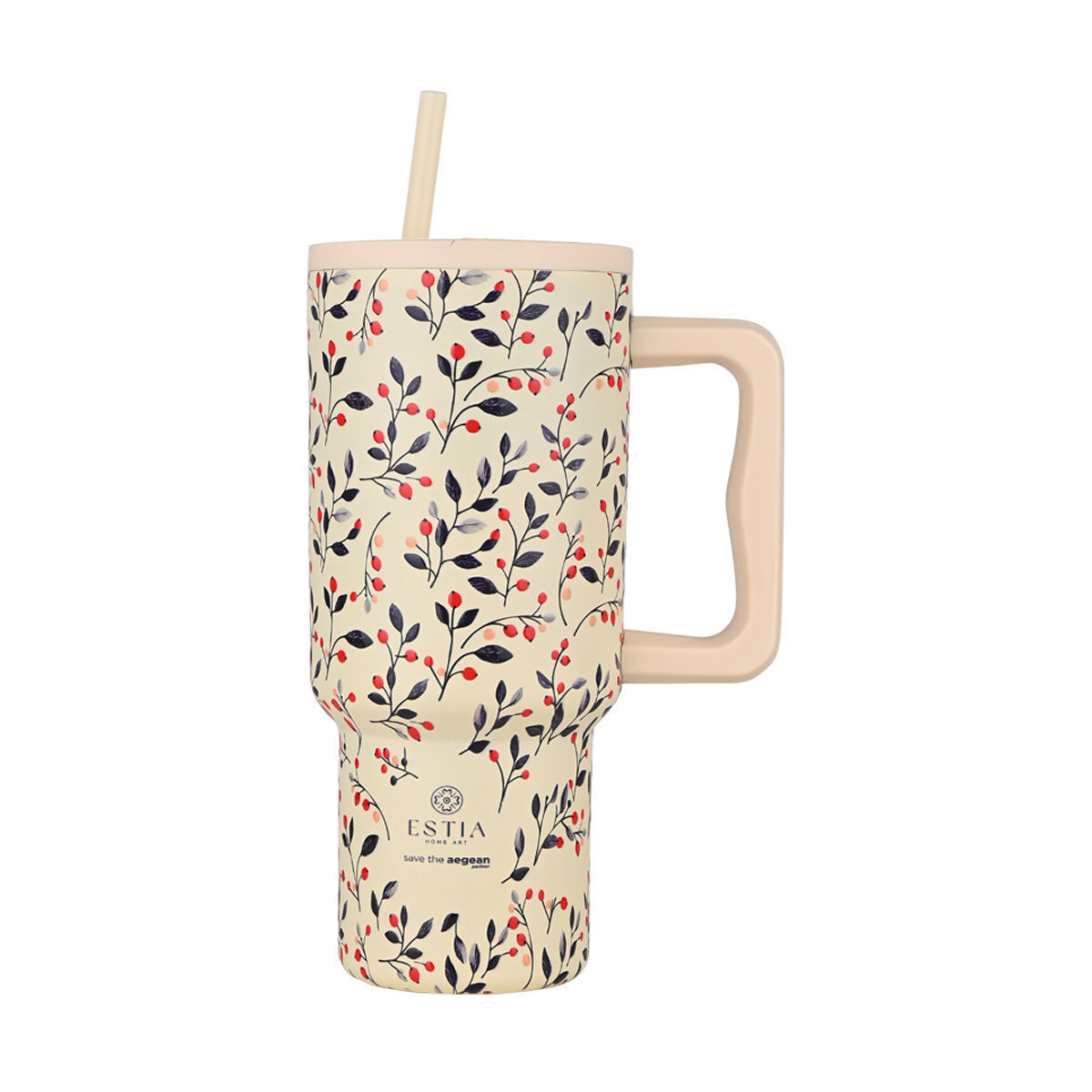 Estia Ανακυκλώσιμο Handled Tumbler Θερμός Ανοξείδωτο BPA Free 900ml BLOOM BEIGE με Καλαμάκι και Λαβή Κωδικός: 01-35181 - Image 1